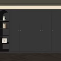 Modern Black Multi Door Wardrobe With Open Shelves And Wooden Floor