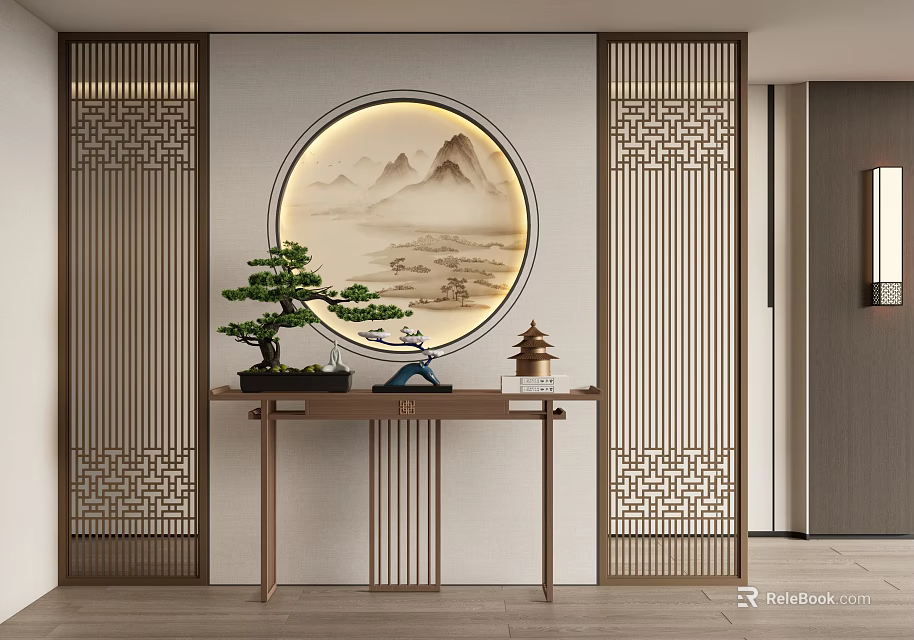 Traditional Chinese Entry Console Table With Circular Landscape Painting Bonsai Tree And Lattice Screens 3d model 