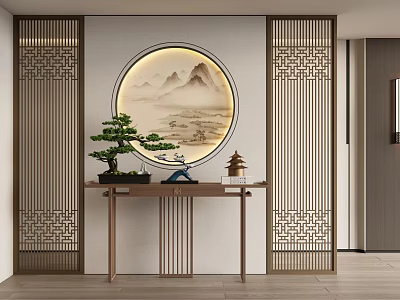 Traditional Chinese Entry Console Table With Circular Landscape Painting Bonsai Tree And Lattice Screens 3d model