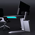 Modern Office Desk With Adjustable Silver Frame White Desktop Black Monitor And Ergonomic Rolling Chair