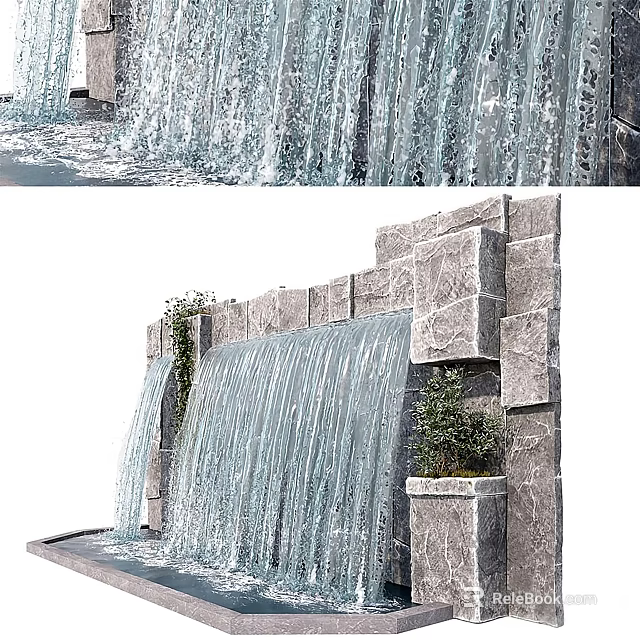 Garden Landscape Design Featuring Waterfall Stone Wall And Lush Green Plants 3d model 