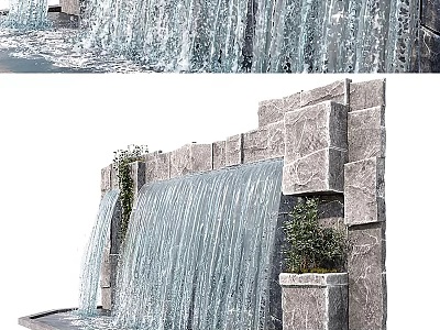 Garden Landscape Design Featuring Waterfall Stone Wall And Lush Green Plants 3d model