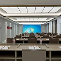 Modern Conference Room Interior With Long Tables Chairs Large Screen Water Bottles And Documents