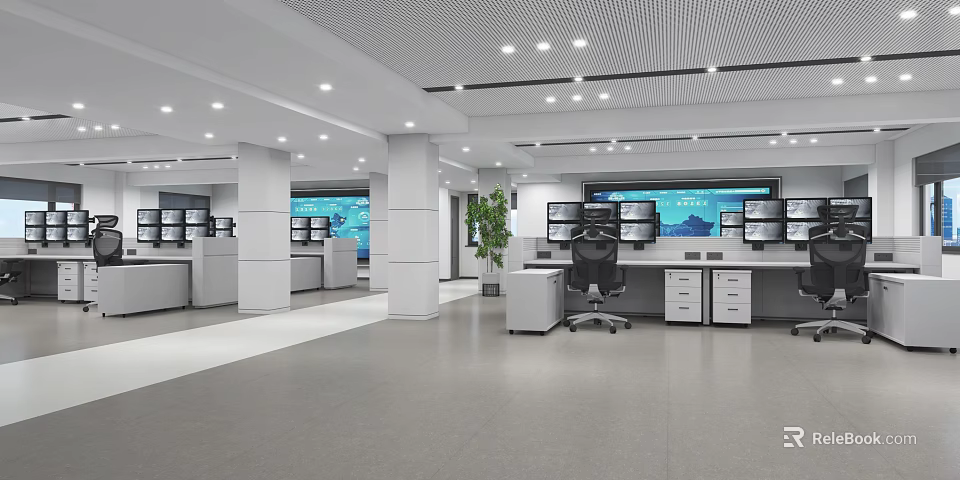 Modern Public Office Area With Workstations Computer Monitors Office Desks And Bright Lighting 3d model 