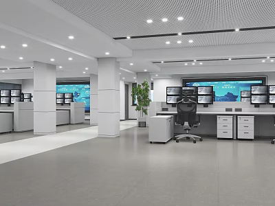 Modern Public Office Area With Workstations Computer Monitors Office Desks And Bright Lighting 3d model