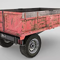Red Weathered Trailer With Rusty Metal Bed And Two Black Wheels 3d model