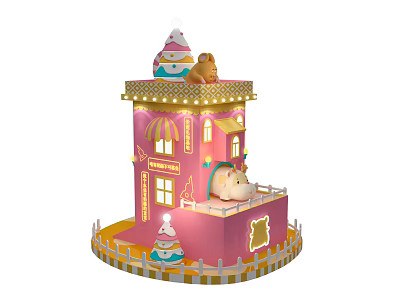 Cartoon Style Pink Building With Ice Cream Bear And Sweet Decorations 3d model