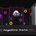 Music Stage with Orange Purple Lights and Colorful Circles on Mesh Background and Neon Lines