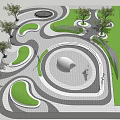 Modern Urban Park Landscape Design With Curved Pathways Green Lawns Spherical Sculpture And Trees