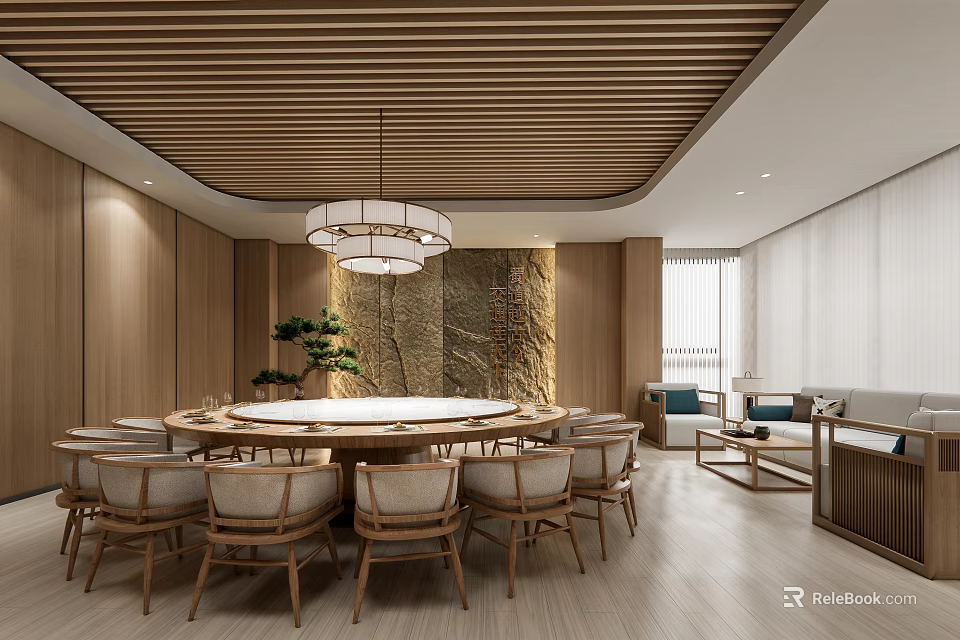 Stylish Modern Private Dining Room Interior Design With Round Table Wooden Ceiling And Pendant Light 3d model 