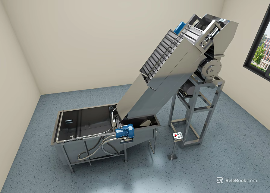 Industrial Processing Equipment With Inclined Conveyor Belt Metal Trough Motor And Control Panel 3d model 