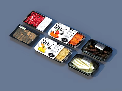 Assorted Fresh Food Varieties Packaged In Black Plastic Containers With Labels 3d model