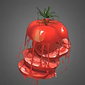 Fresh Sliced Red Tomato with Green Leaves and Dripping Juice on Gray Background
