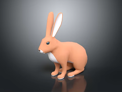 Orange Rabbit With Long Ears White Belly Paws Sitting On Black Glossy Surface Gray Background 3d model