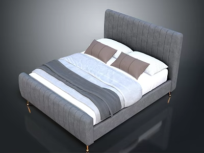 Modern Gray Bed With Tufted Headboard Gold Legs And Stylish Bedding 3d model