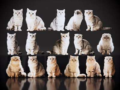 Different Breeds of Sitting Cats in Three Rows With Black Background White Gray Orange Colors 3d model