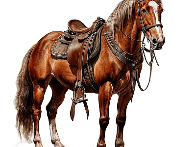 Brown Horse With Leather Saddle And Bridle Standing In Profile View 3d model