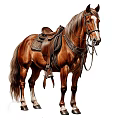 Brown Horse With Leather Saddle And Bridle Standing In Profile View