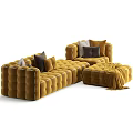 Mustard Tufted Velvet Sectional Sofa With Plush Pillows And Cozy Throw Blanket