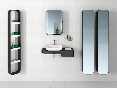 Modern Bathroom Sink Vanity With Mirror Shelves And Green Accessories On White Wall Tiles 3d model