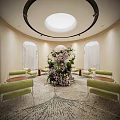 Modern Clothing Store Interior With Green Racks Hanging Garments Arched Design And Comfortable Seating Area