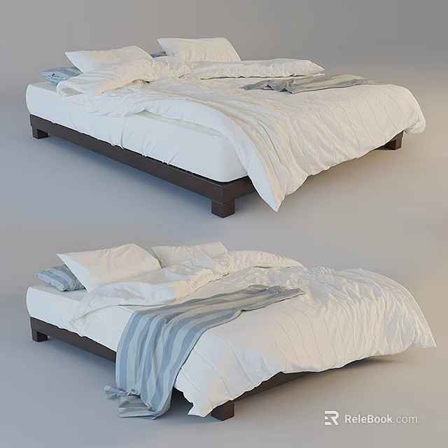 Comfortable Double Bed With White Sheets Dark Wooden Frame And Striped Blanket 3d model 