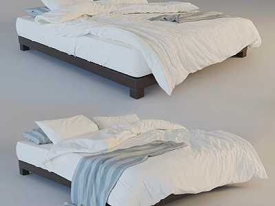 Comfortable Double Bed With White Sheets Dark Wooden Frame And Striped Blanket 3d model