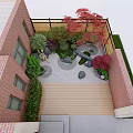 Garden Landscape With Red Brick Building Wooden Fence Red Maple Green Shrubs Stones And Lantern