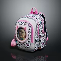 Fashionable Kids Backpack With Leopard Print Circular Transparent Window Pink Straps And Pom Pom Accessory