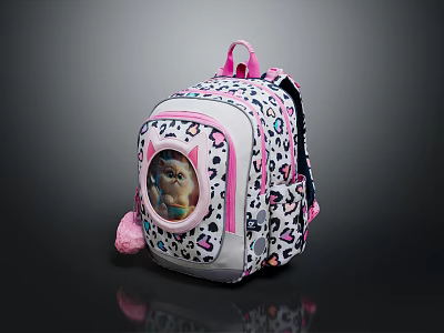 Fashionable Kids Backpack With Leopard Print Circular Transparent Window Pink Straps And Pom Pom Accessory 3d model