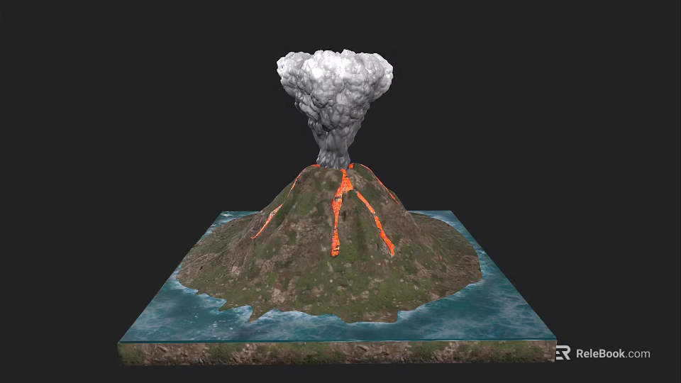 Cartoon Volcano Scene With Erupting Smoke Lava Flows Surrounding Water And Square Base 3d model 