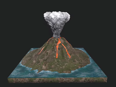 Cartoon Volcano Scene With Erupting Smoke Lava Flows Surrounding Water And Square Base 3d model
