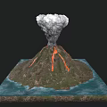 Cartoon Volcano Scene With Erupting Smoke Lava Flows Surrounding Water And Square Base