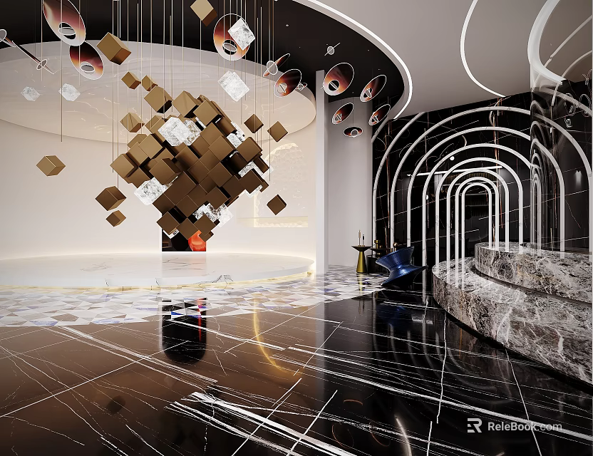 Modern Interior Design Featuring Geometric Decor Curved Arch Marble Floor And Lighting 3d model 