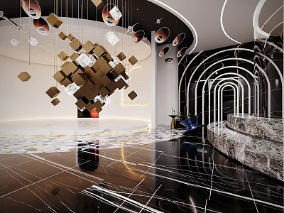 Modern Interior Design Featuring Geometric Decor Curved Arch Marble Floor And Lighting 3d model