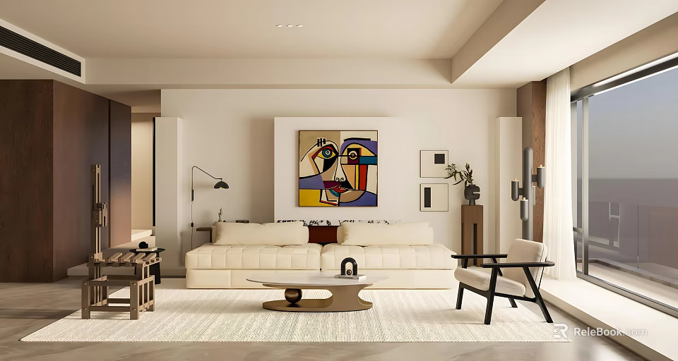 Modern Living Dining Room Interior With White Sofa Round Coffee Table And Abstract Painting 3d model 