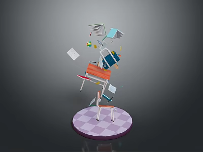 Modern Scene With Floating Books Desk Chair And Purple Checkered Base 3d model