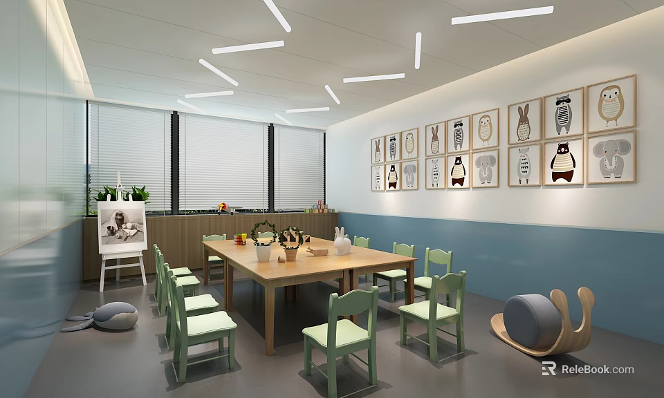 School Classroom Interior With Wooden Table Green Chairs And Wall Paintings 3d model 