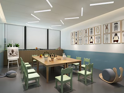 School Classroom Interior With Wooden Table Green Chairs And Wall Paintings 3d model