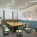 School Classroom Interior With Wooden Table Green Chairs And Wall Paintings