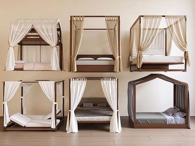 Various Stylish Canopy Bed Designs With Elegant Drapery And Wooden Frames 3d model