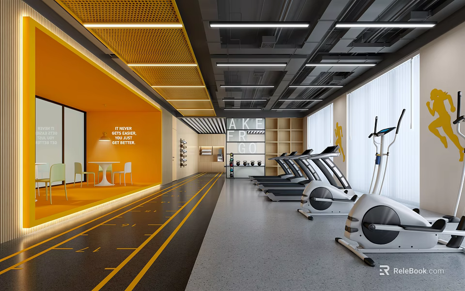 Modern Fitness Gym Interior With Orange Wall Treadmills And Elliptical Machines 3d model 