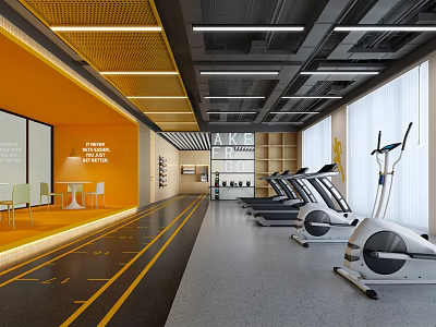 Modern Fitness Gym Interior With Orange Wall Treadmills And Elliptical Machines 3d model