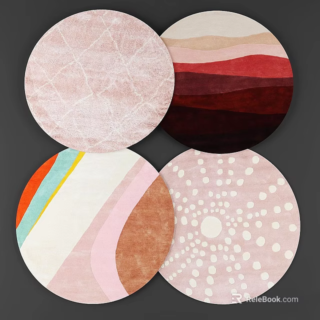 Stylish Round Rugs Featuring Textured Striped and Dotted Patterns in Soft Tones 3d model 