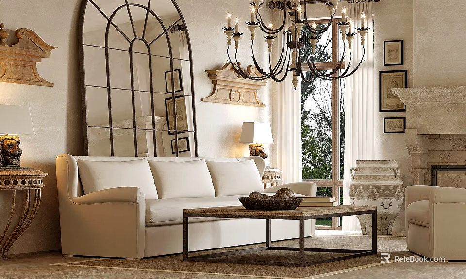 Elegant Living Room Interior Design With White Sofa Chandelier Decorative Mirror And Metal Coffee Table 3d model 