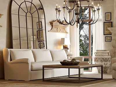Elegant Living Room Interior Design With White Sofa Chandelier Decorative Mirror And Metal Coffee Table 3d model