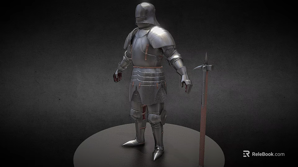 Silver Armor Worn By Human Figure With Spear On Round Platform Against Dark Background 3d model