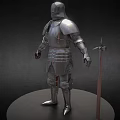 Silver Armor Worn By Human Figure With Spear On Round Platform Against Dark Background 3d model
