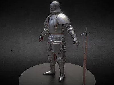 Silver Armor Worn By Human Figure With Spear On Round Platform Against Dark Background 3d model