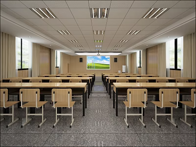 School Classroom Interior With Neat Desks Chairs Projector Screen Windows And Curtains 3d model